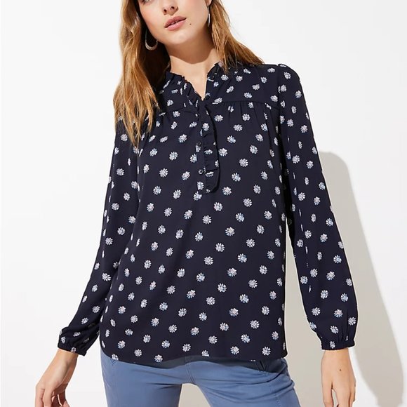 LOFT | Firefly Ruffled Henley Mixed Media Blouse - Picture 1 of 1
